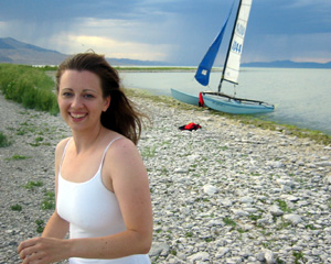 Amy steps onto the island.